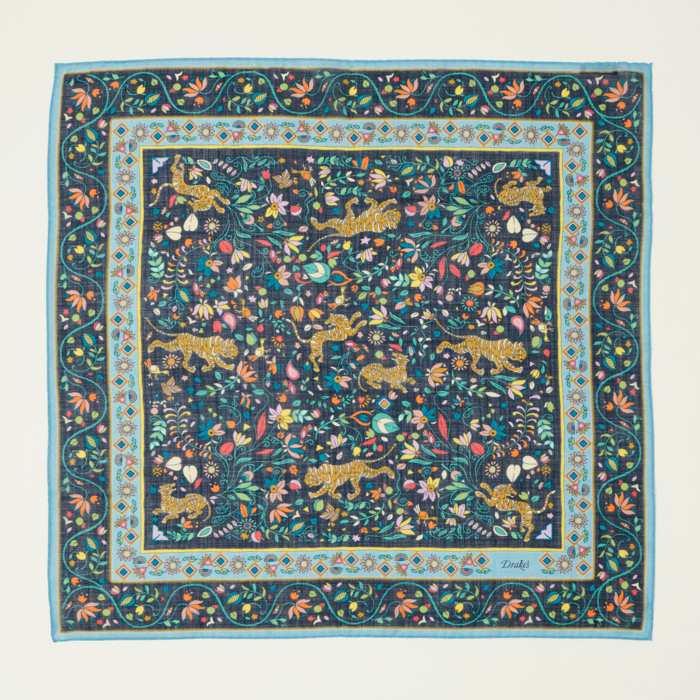Drake's 'Tiger Garden' Silk Bandana - Navy