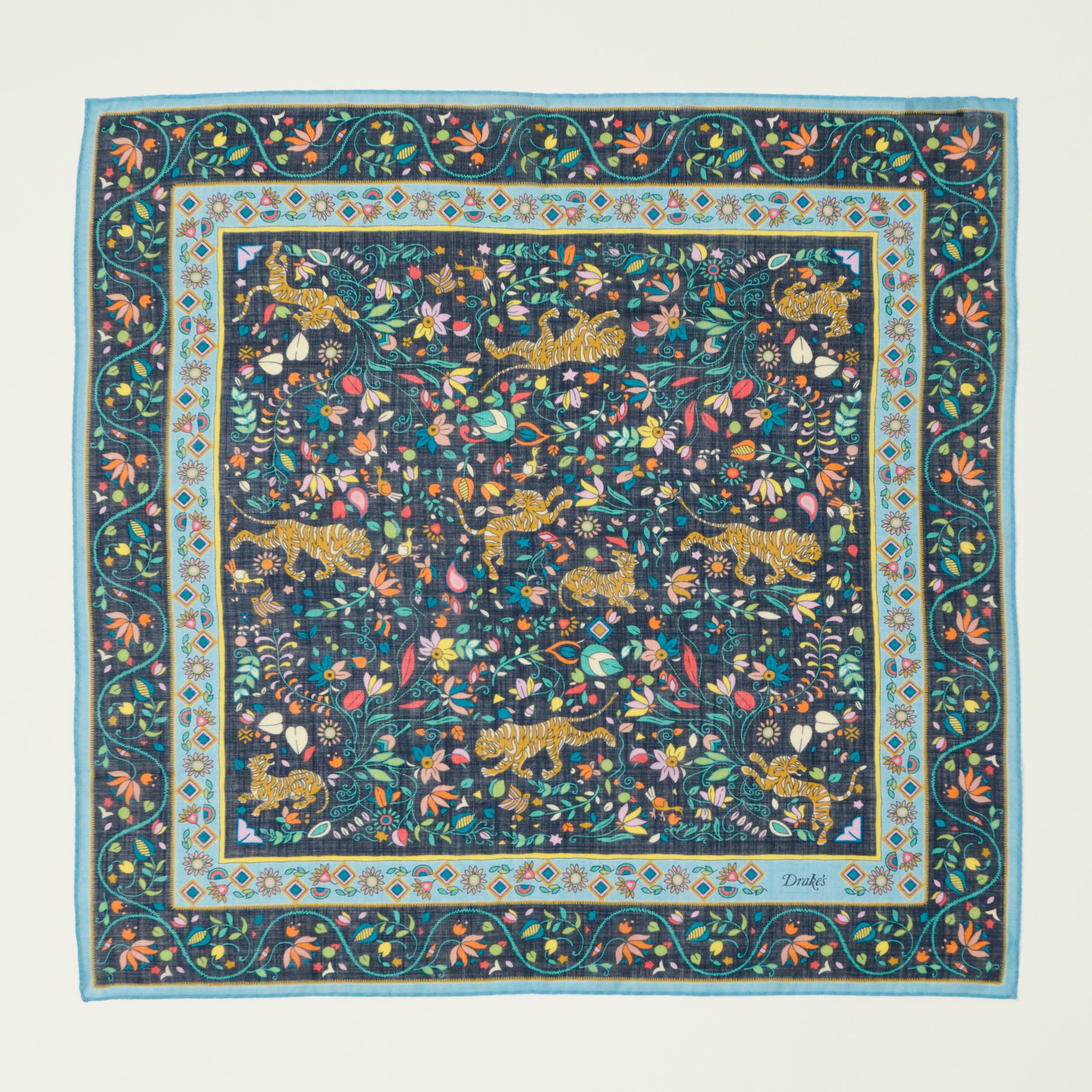 Drake's 'Tiger Garden' Silk Bandana - Navy