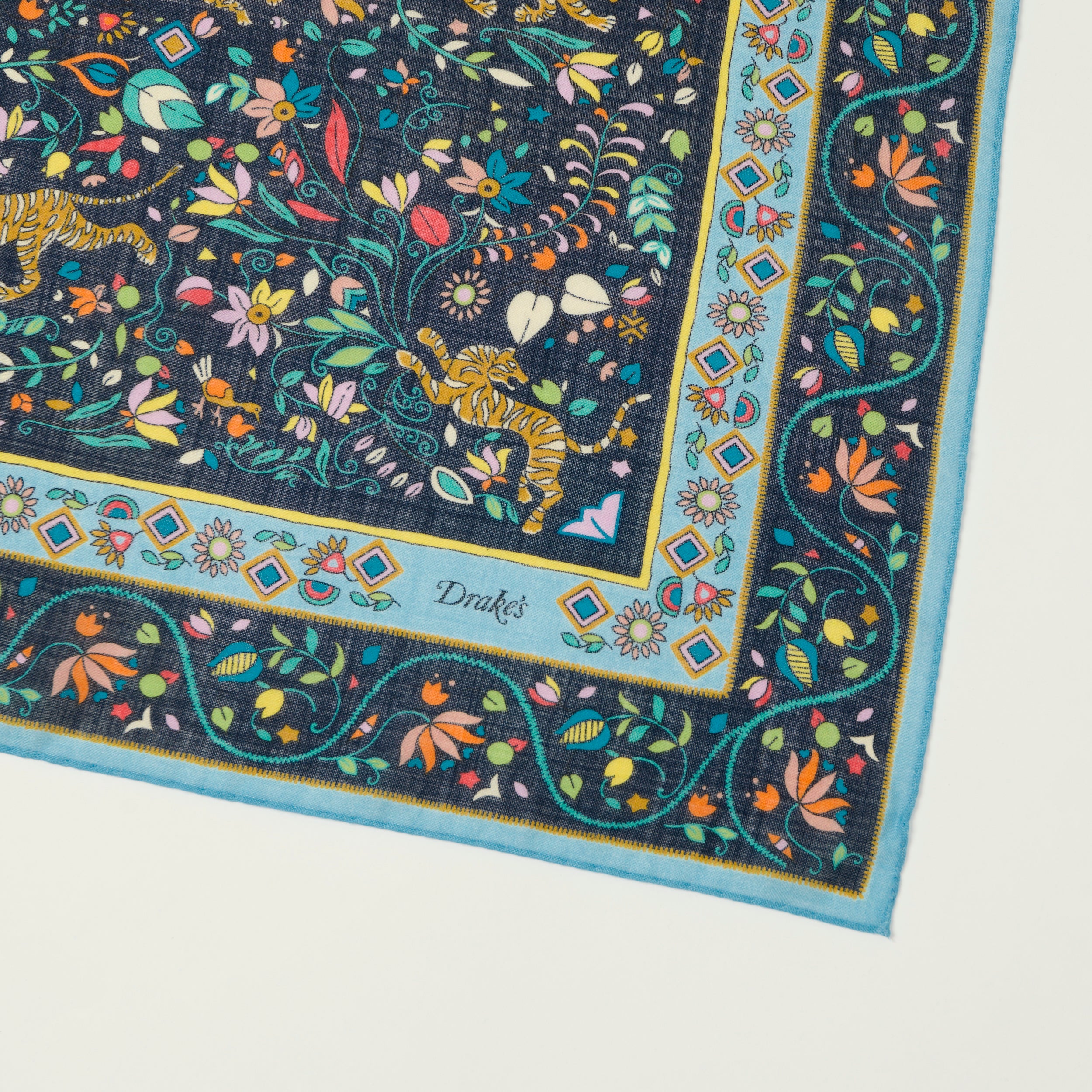 Drake's 'Tiger Garden' Silk Bandana - Navy