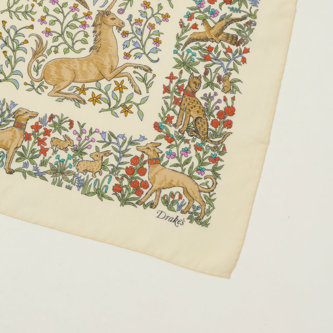 Drake's 'Unicorn' Printed Bandana wool/silk - Ecru