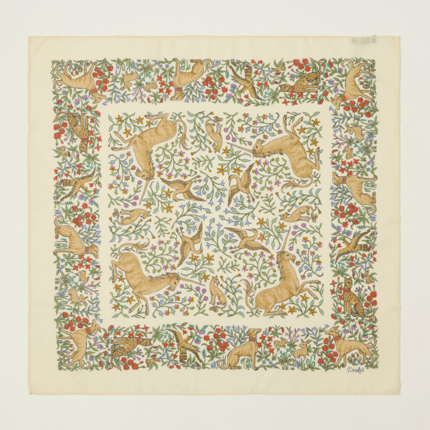 Drake's 'Unicorn' Printed Bandana wool/silk - Ecru