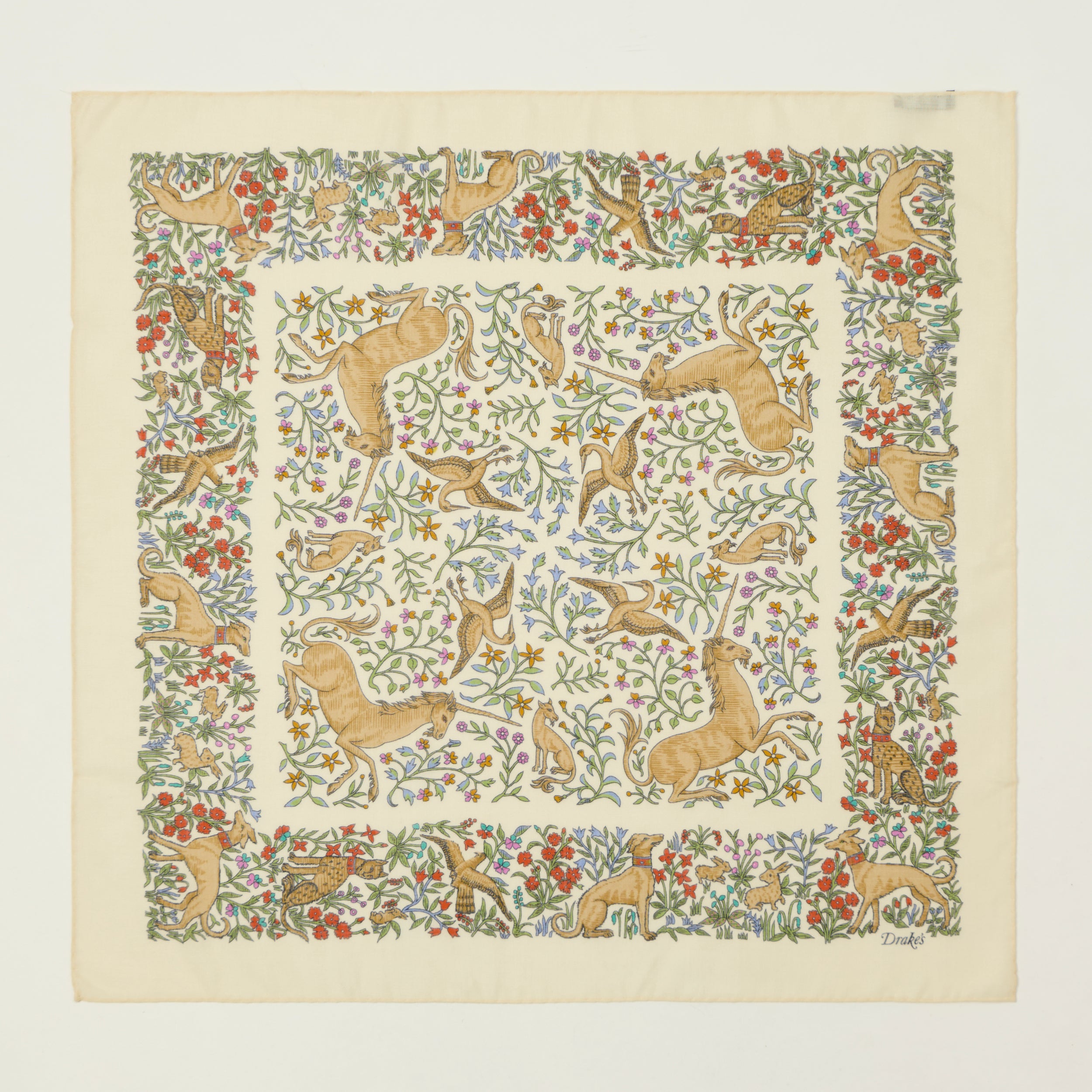 Drake's 'Unicorn' Printed Bandana wool/silk - Ecru