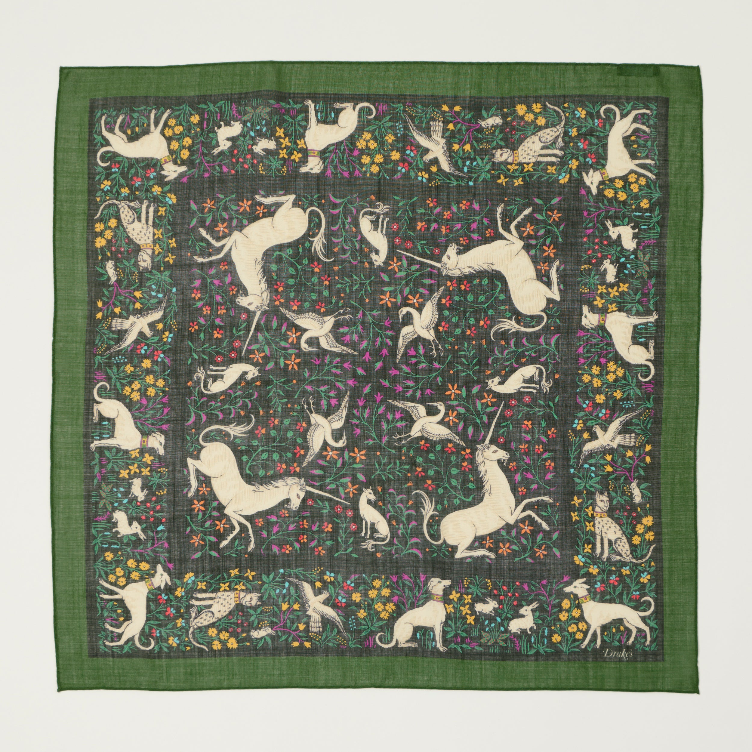 Drake's 'Unicorn Print' Silk Bandana - Green