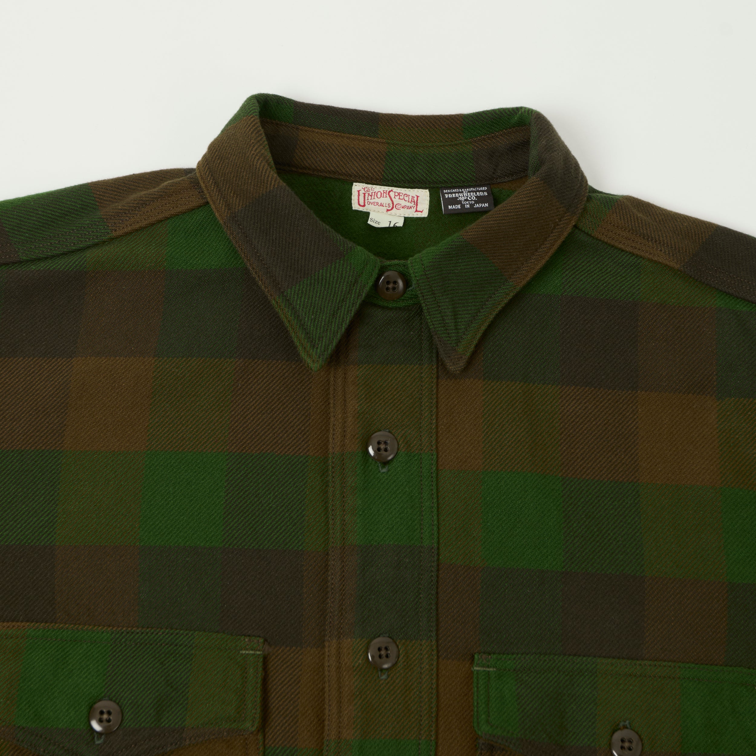Freewheelers & Co Union Special Overalls 'BaldyGus' Mechanic Shirt - Bottle Green/Khaki Brown