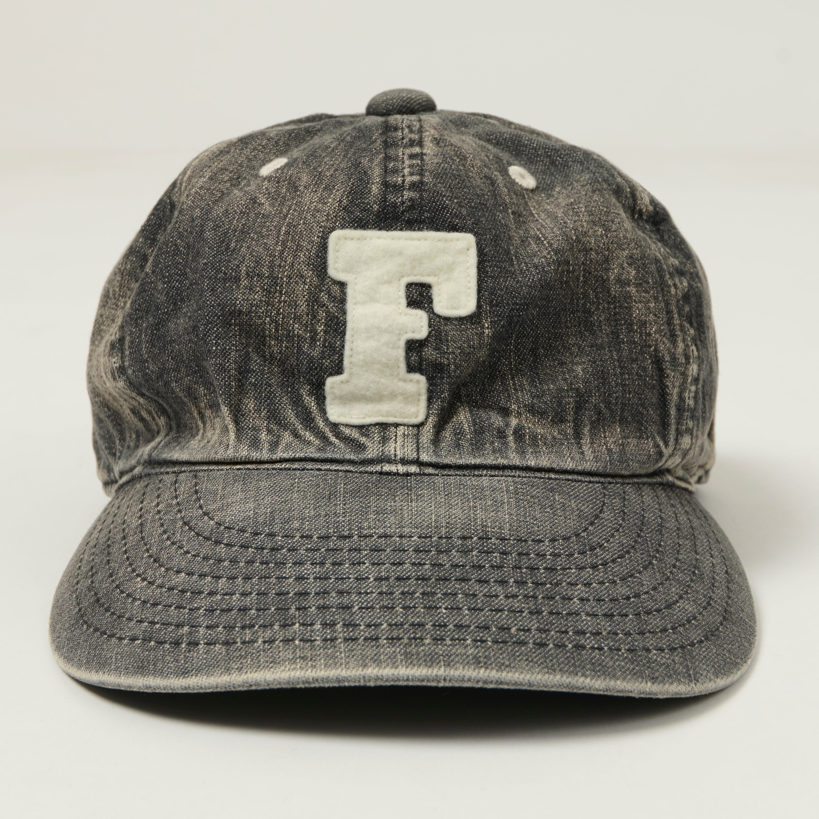 FULLCOUNT 6843 Six Panel Denim Baseball Cap 'F' Patch - Black Vintage Wash