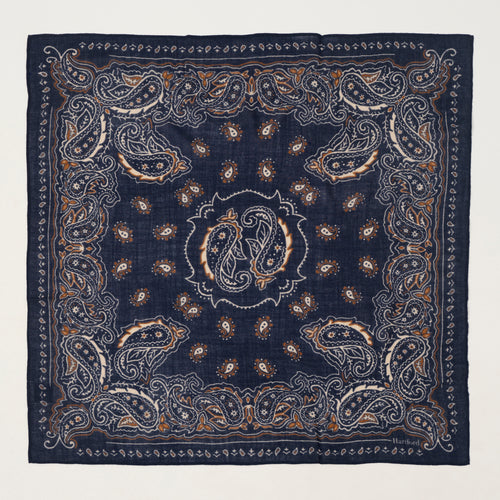 Hartford Paisley Wool Bandana Scarf - Navy Blue