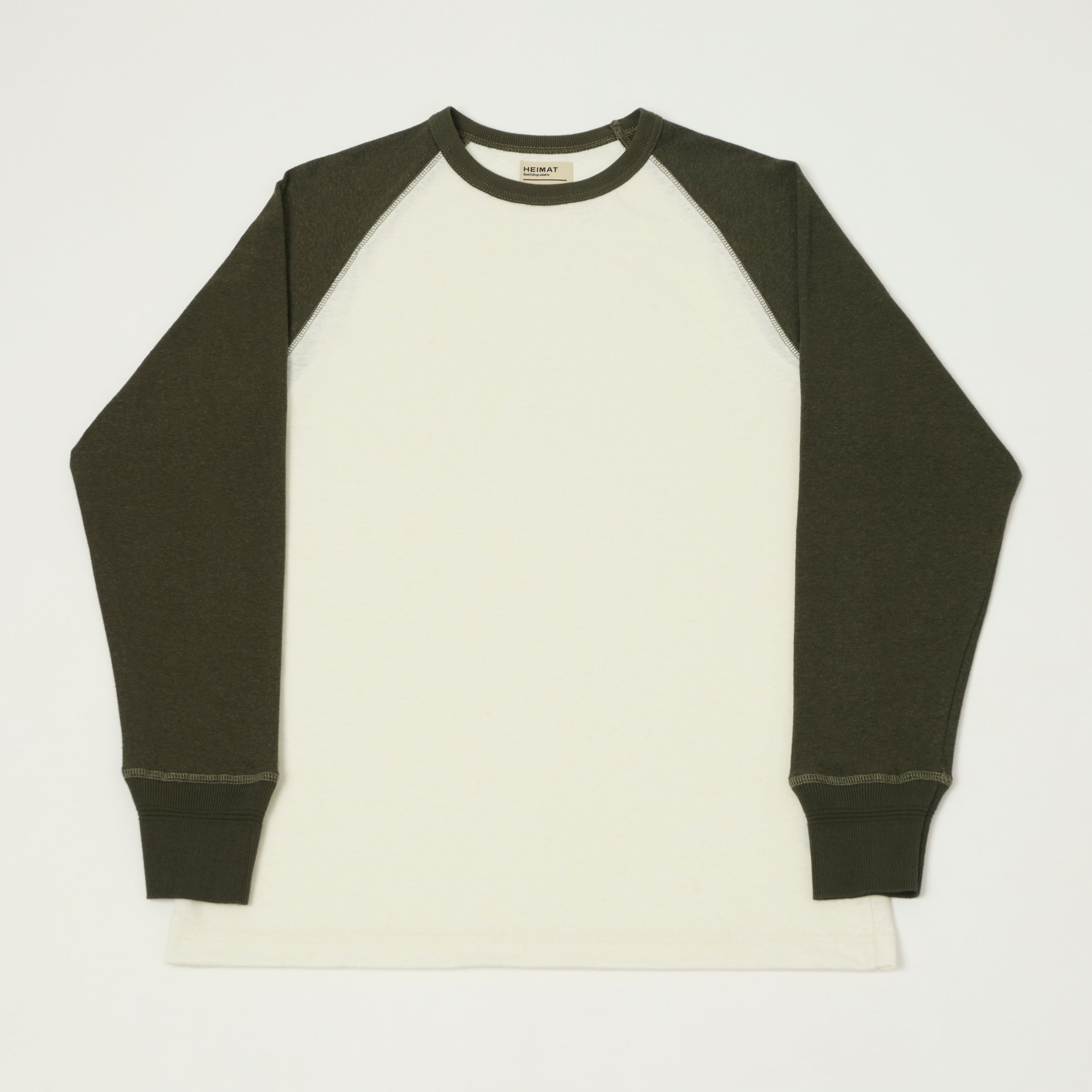 Heimat Raglan Sleeve Cotton Hemp Contrast T-Shirt - Seashell/Military Green