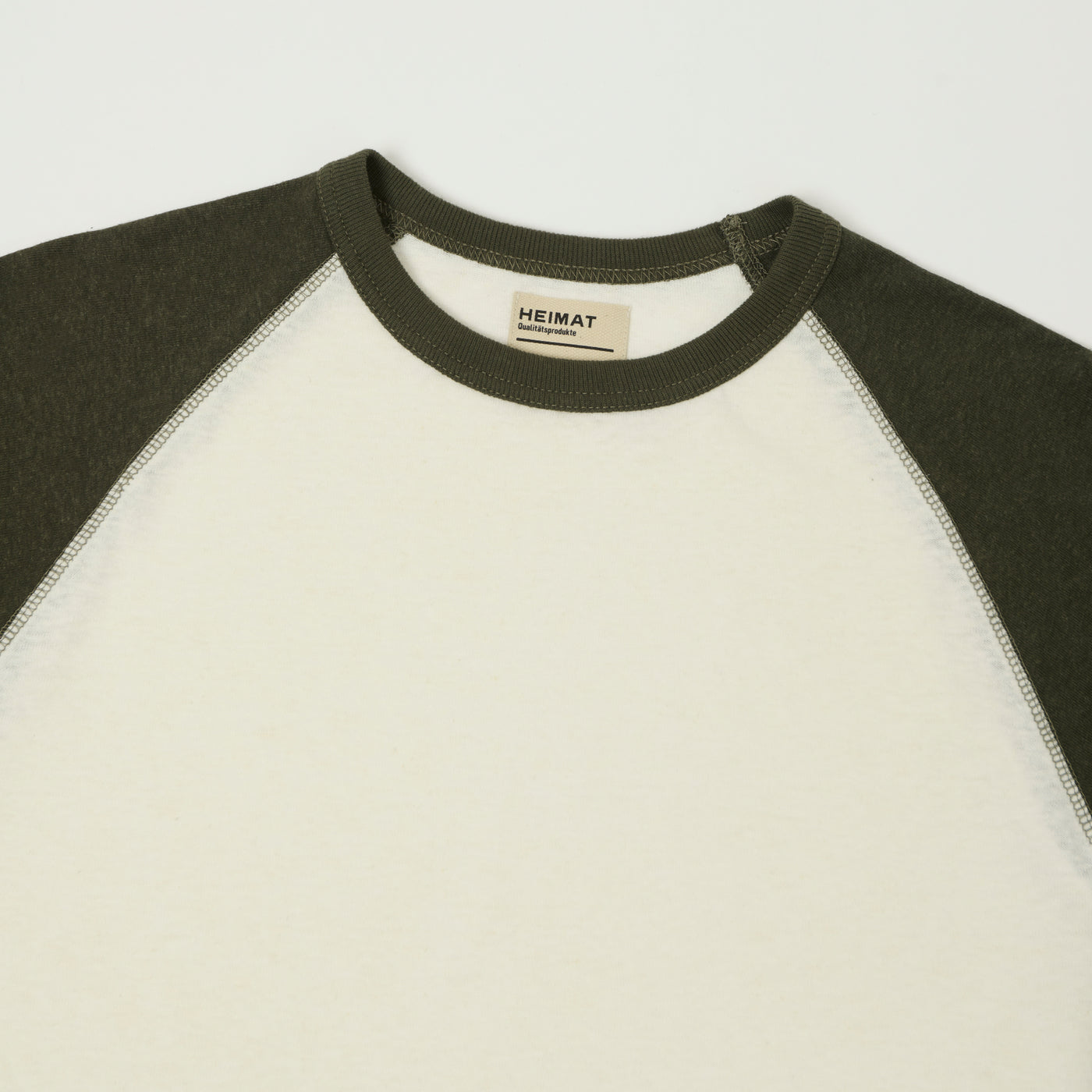 Heimat Raglan Sleeve Cotton Hemp Contrast T-Shirt - Seashell/Military Green