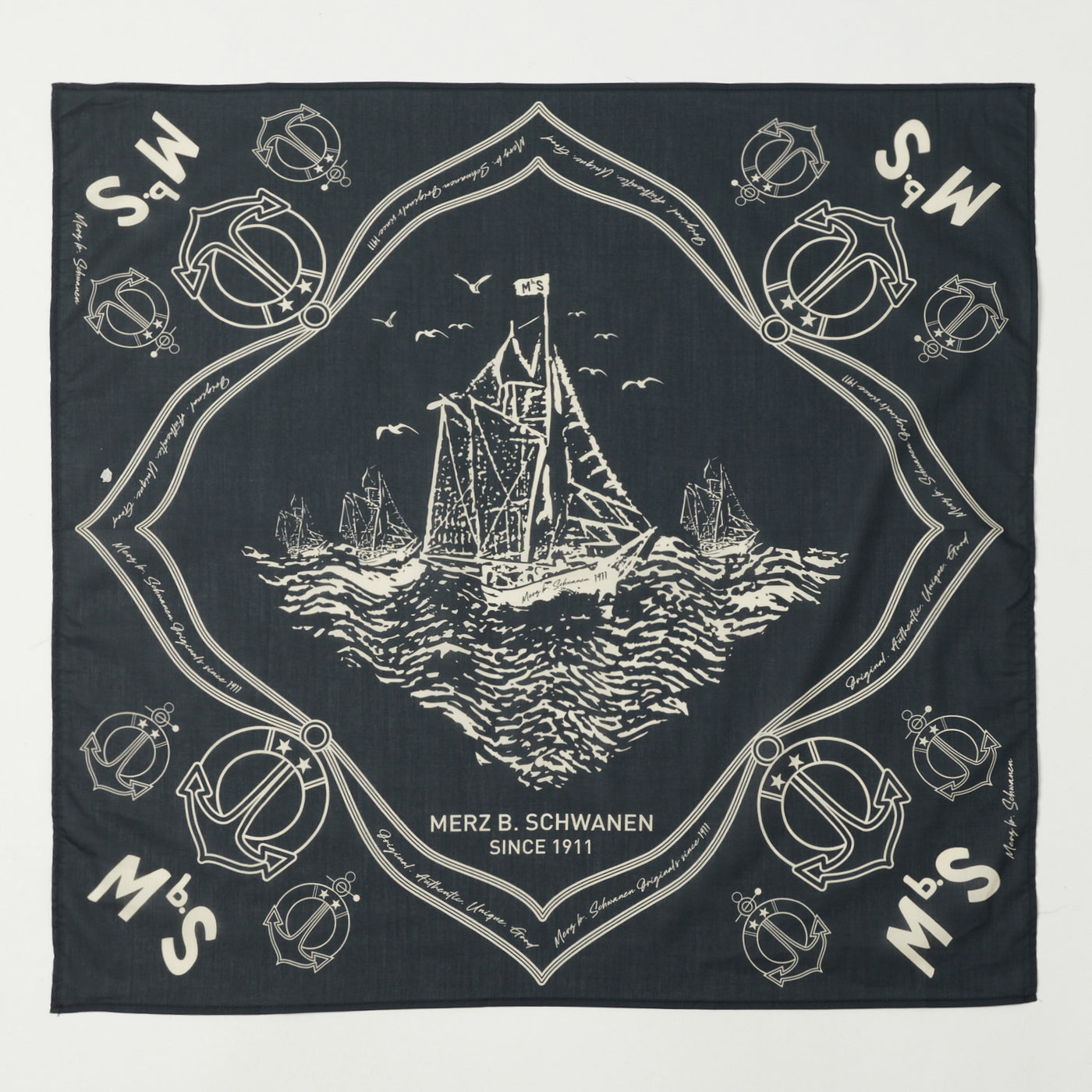 Merz b. Schwanen Ship Print Cotton Bandana - Charcoal