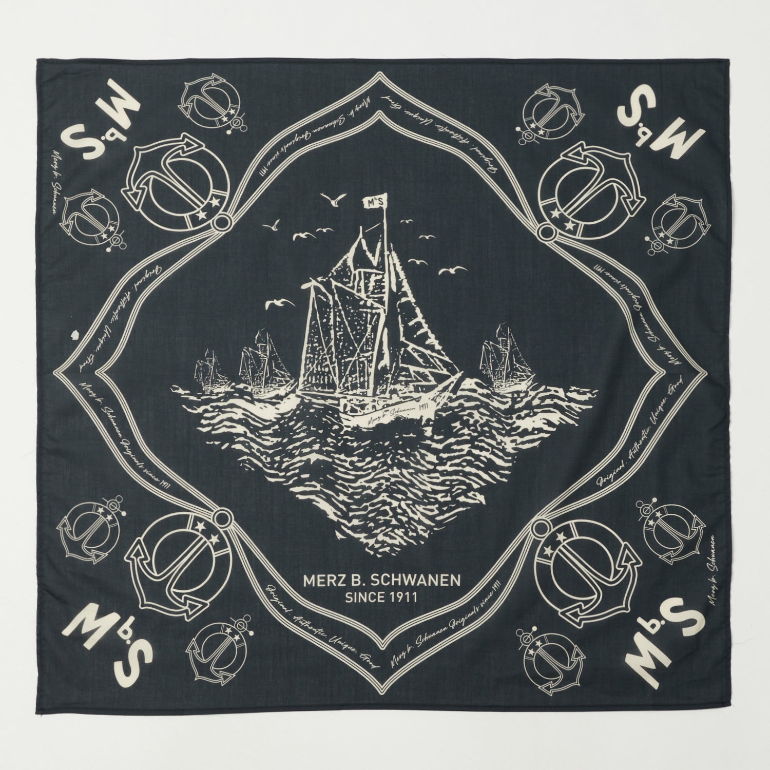 Merz b. Schwanen Ship Print Cotton Bandana - Charcoal