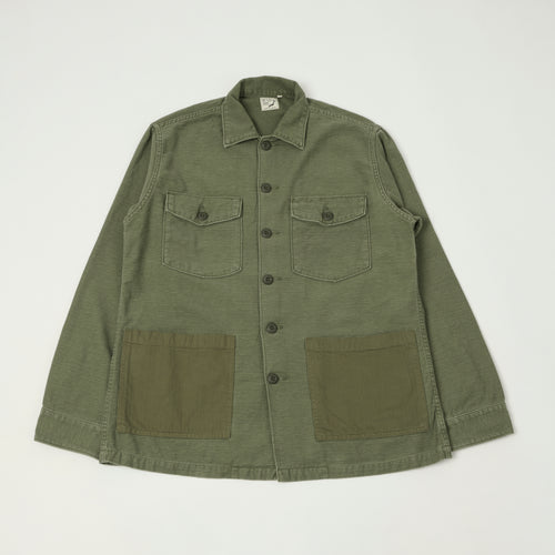 orSlow Contrast Pocket Sateen Overshirt - Olive Stone Wash