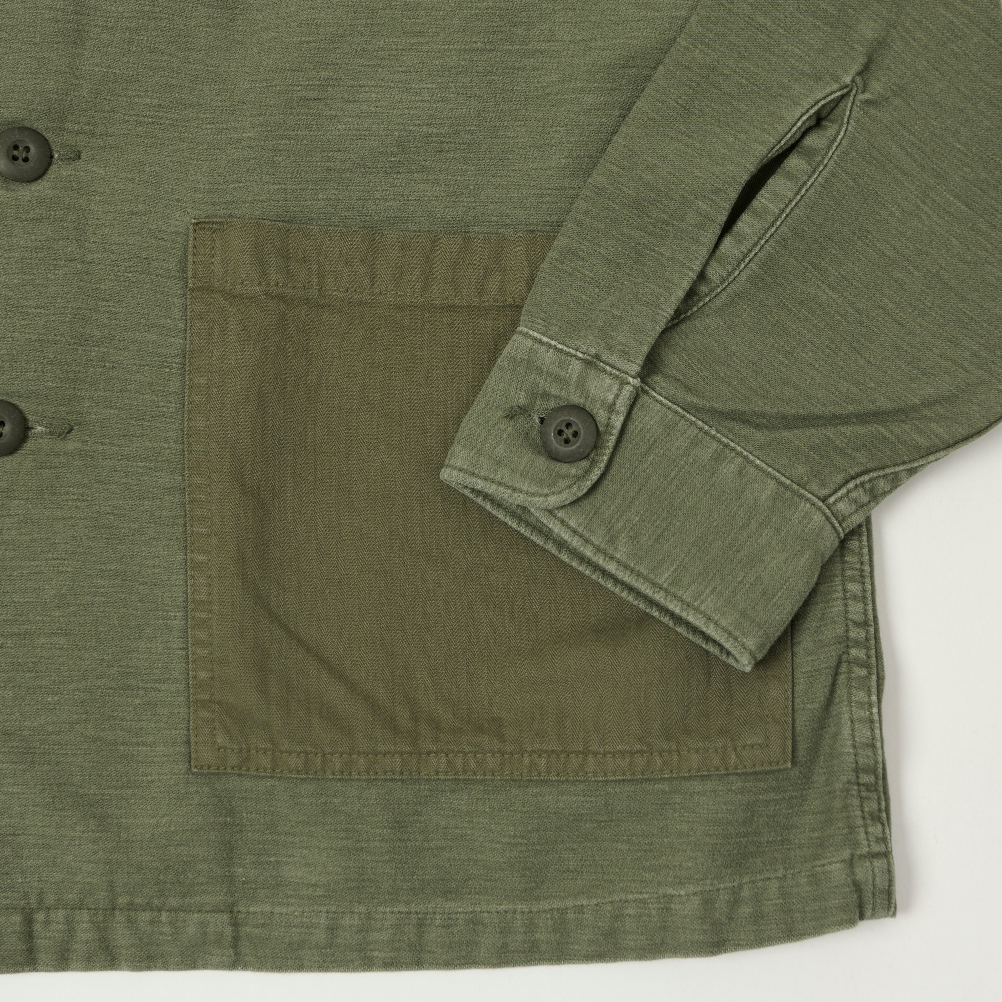 orSlow Contrast Pocket Sateen Overshirt - Olive Stone Wash