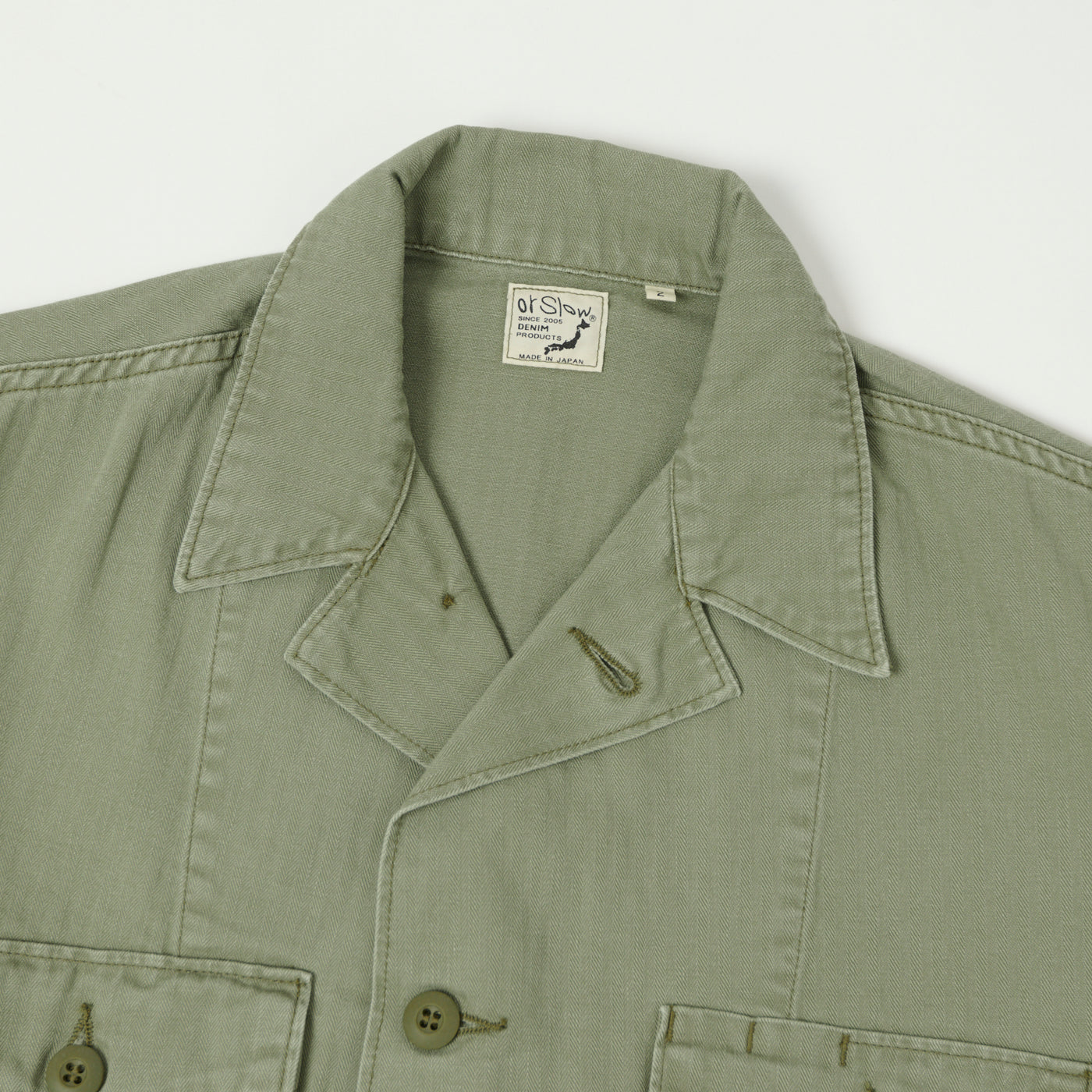 orSlow Herringbone Twill Contrast Pocket Overshirt - Green