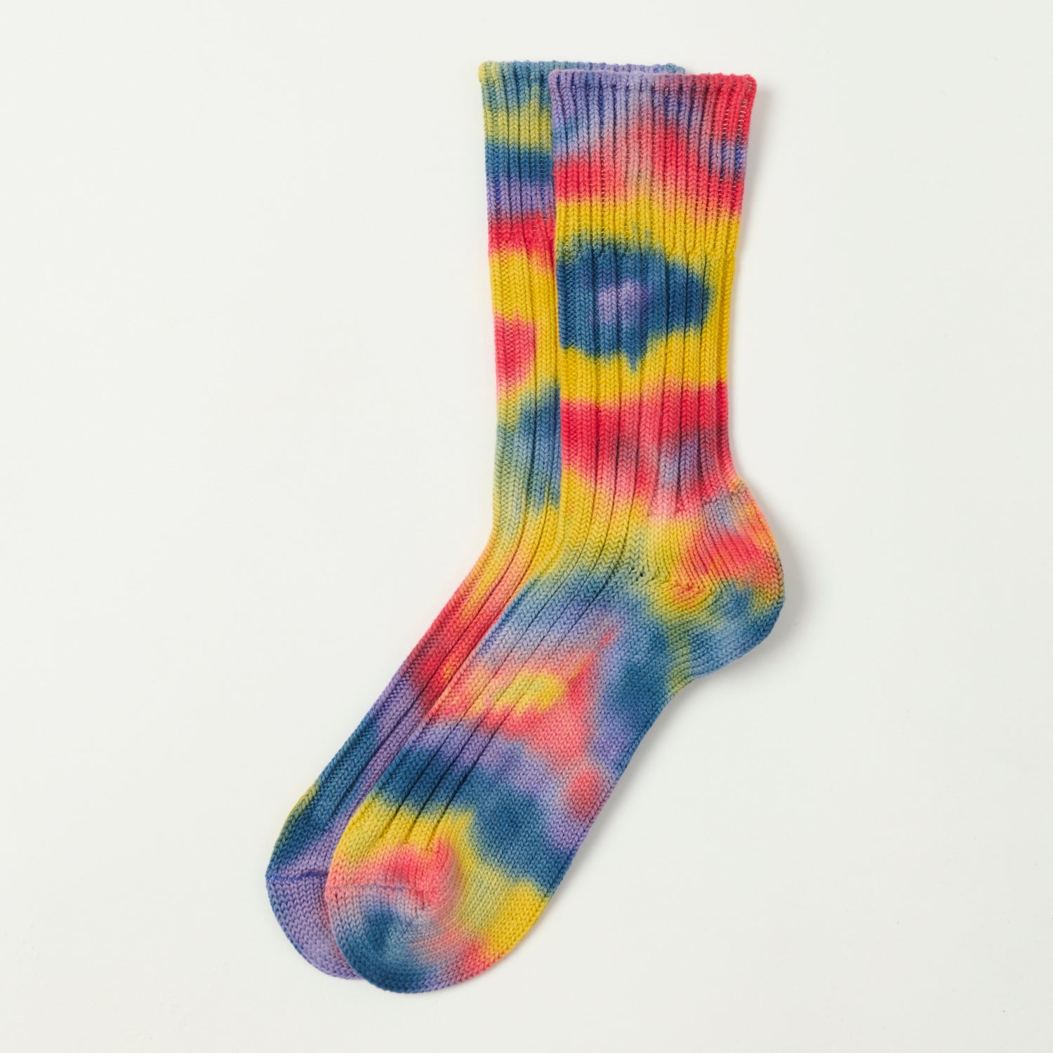 RoToTo Tie Dye Chunky Ribbed Crew Sock - Red/Yellow/Blue