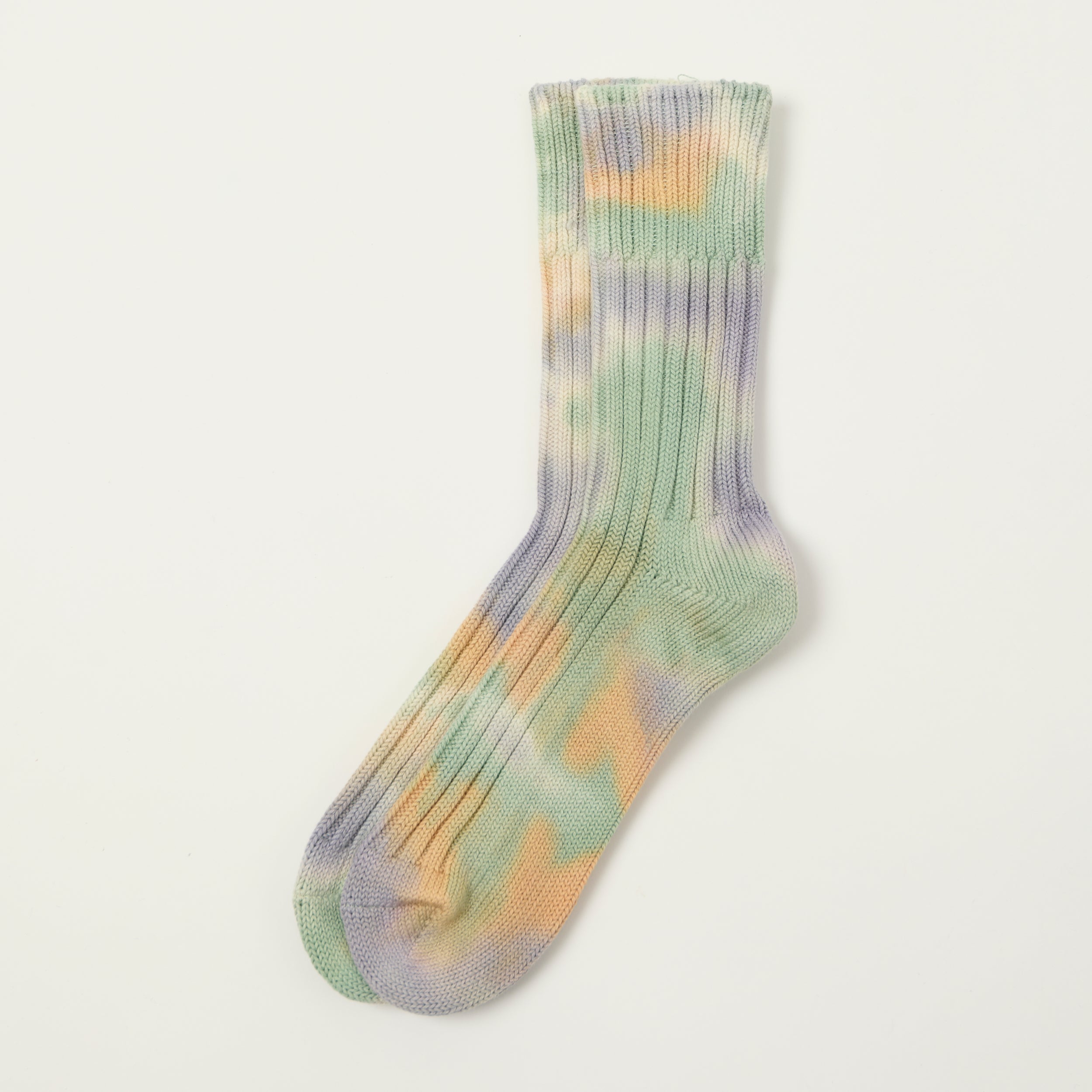 RoToTo Tie Dye Chunky Ribbed Crew Sock - Green/Light Pink/Purple