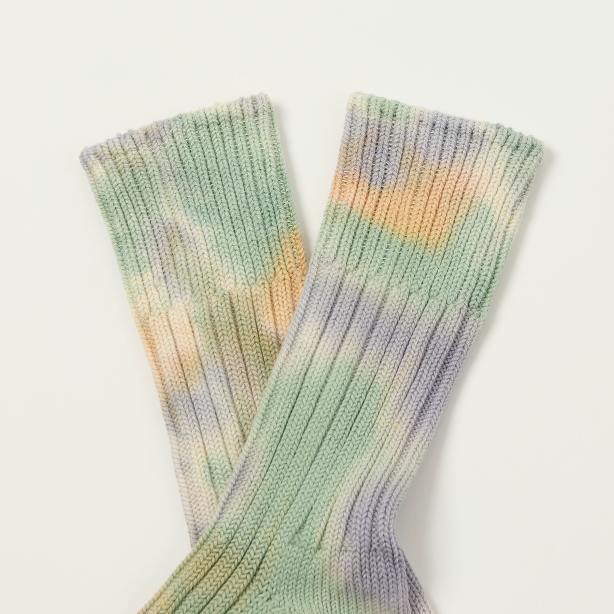 RoToTo Tie Dye Chunky Ribbed Crew Sock - Green/Light Pink/Purple