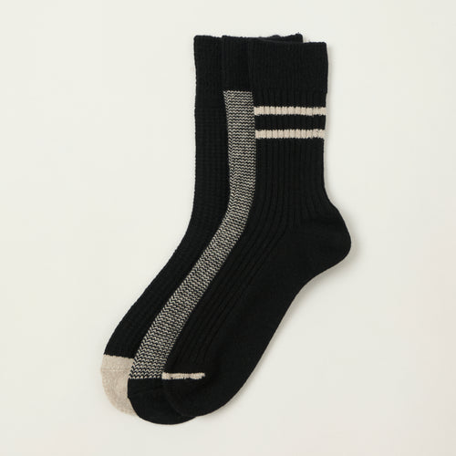 Rototo Recycled Cotton/Wool Daily 3 Pack Socks - Black/Grey