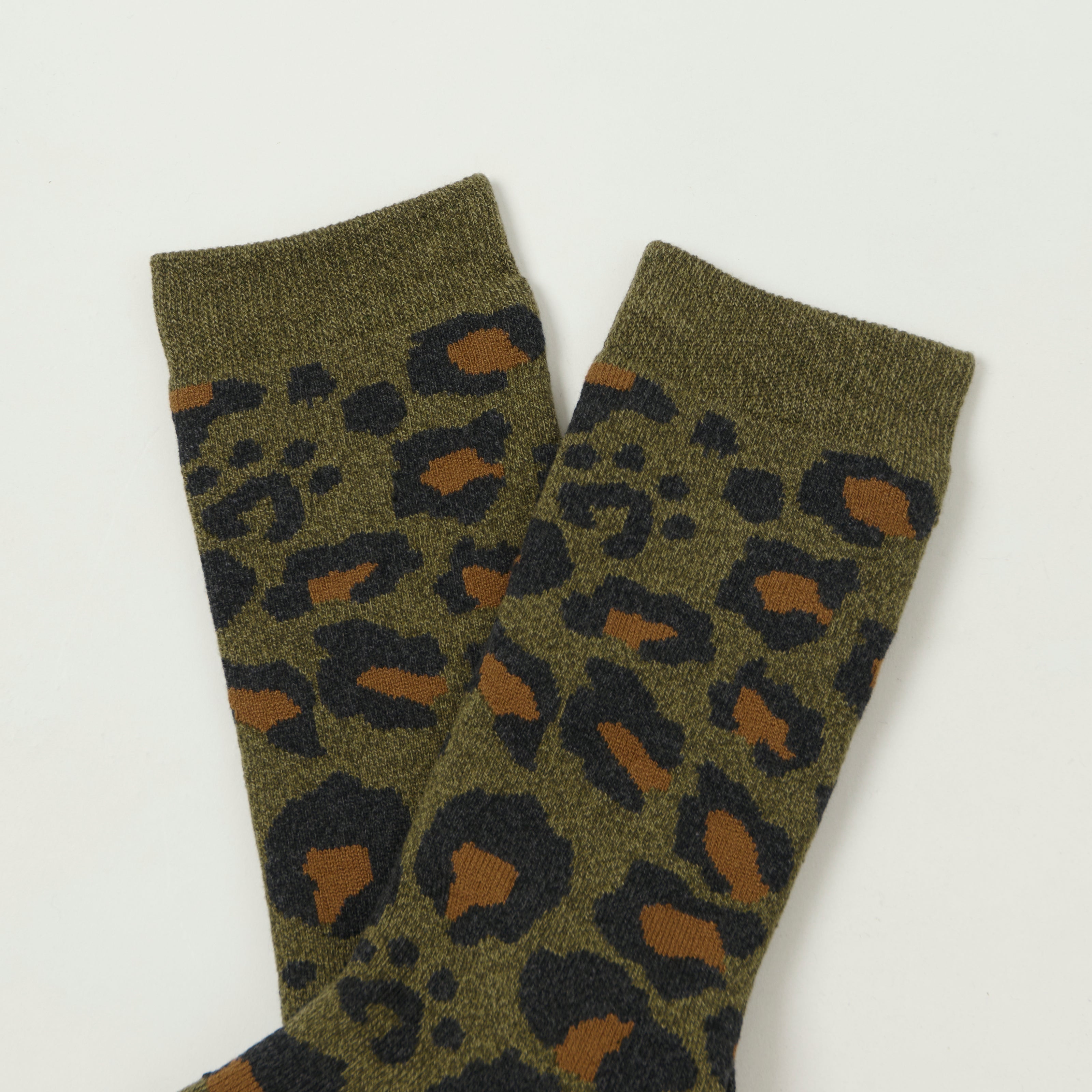 Rototo Pile Leopard Crew Sock - Dark Olive