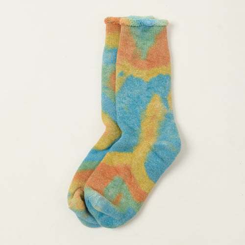 Rototo Tie Dye Pile Socks - Orange/Light Blue/Light Yellow