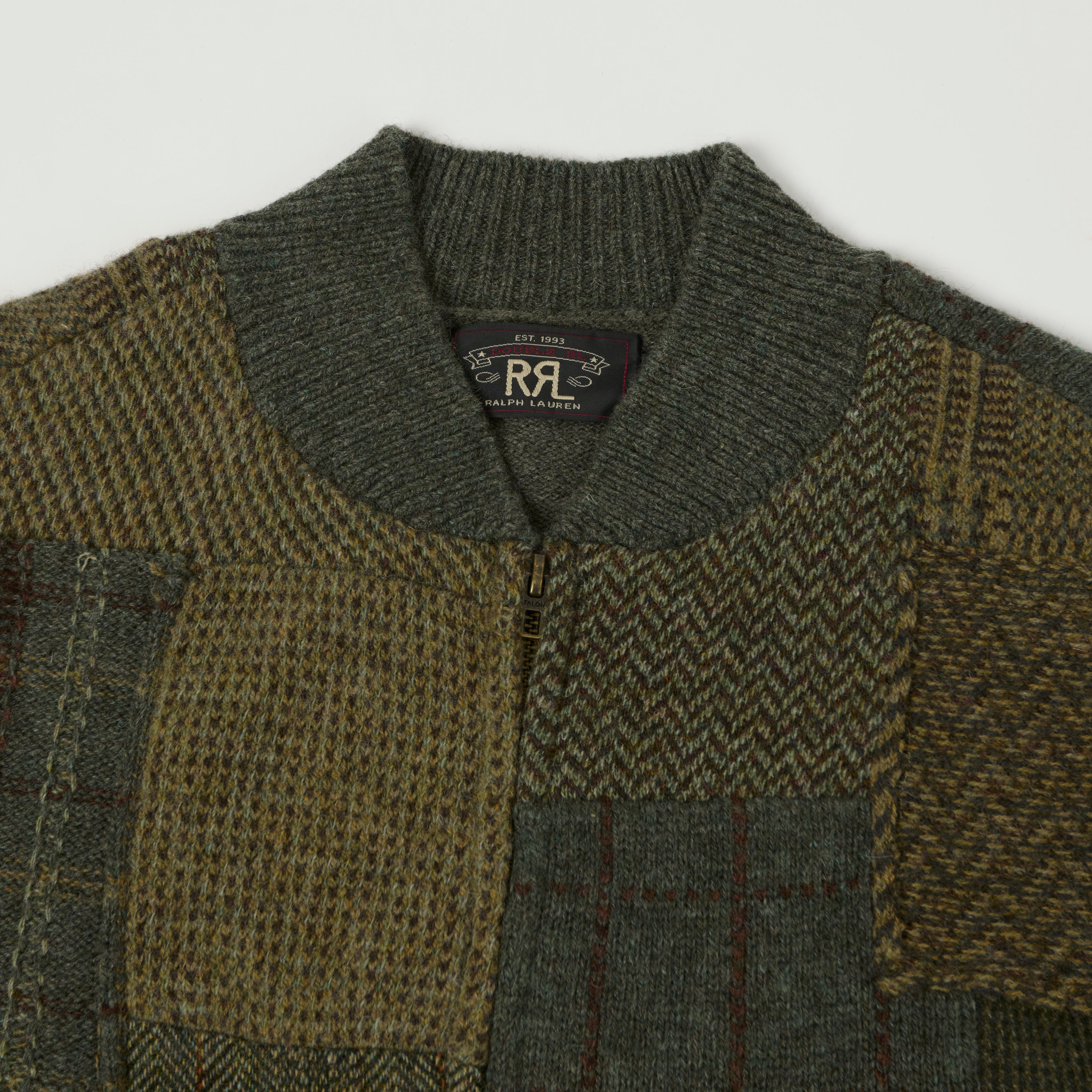 RRL Full Zip Patchwork Sweater - Farm Olive