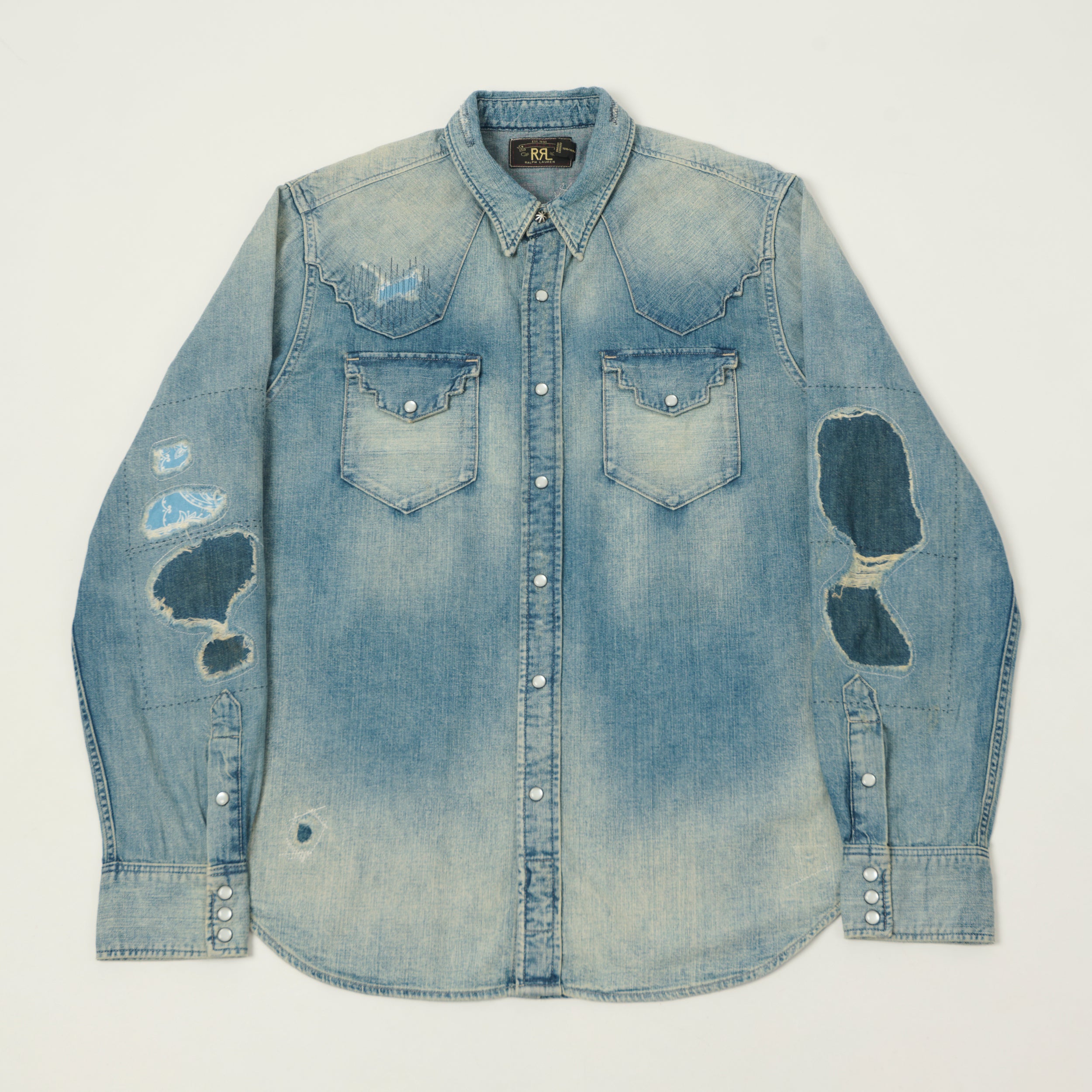 RRL Slim Fit 'Repaired' Denim Western Shirt - Addington Wash