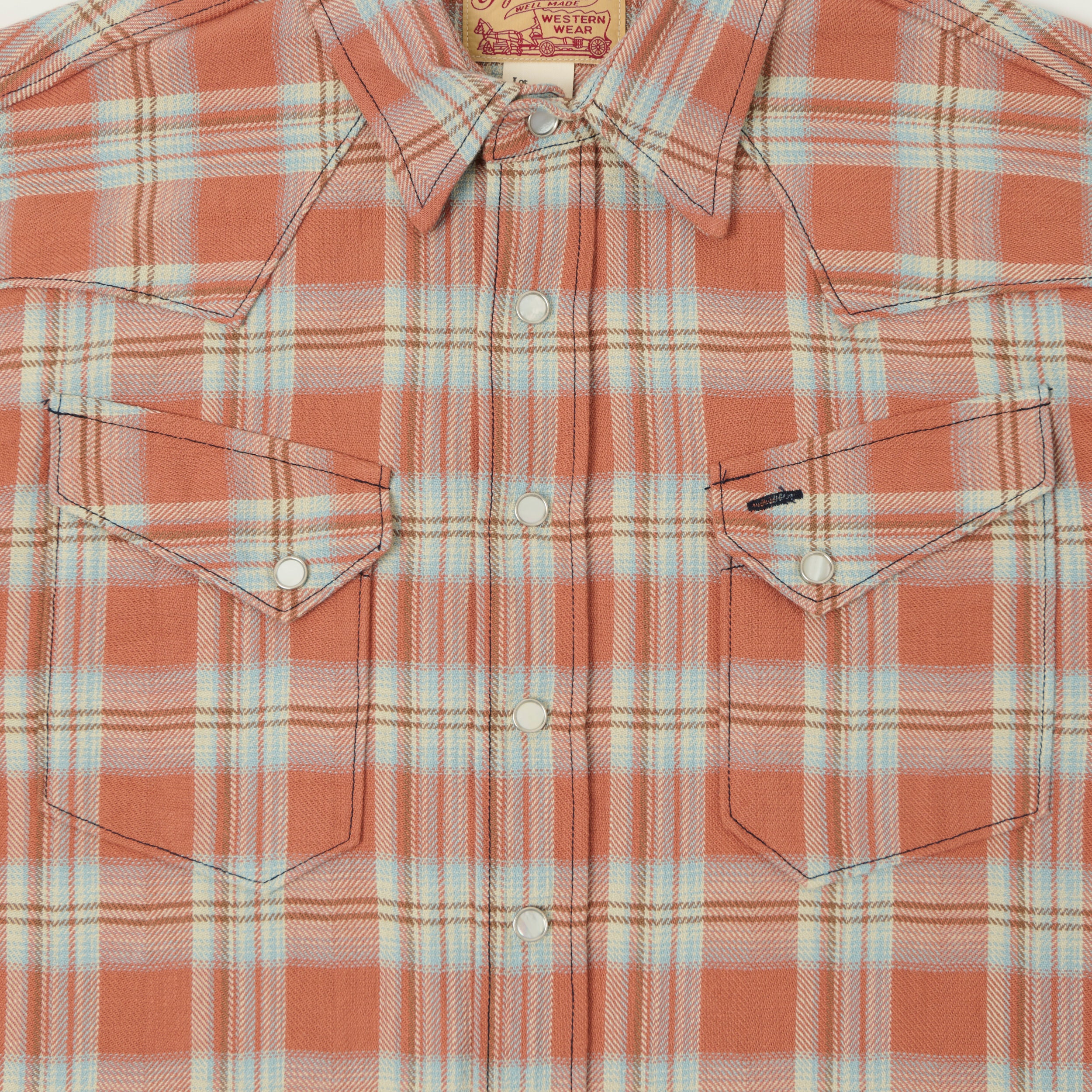 Sugar Cane Herringbone Check Western Shirt - Red/Grey