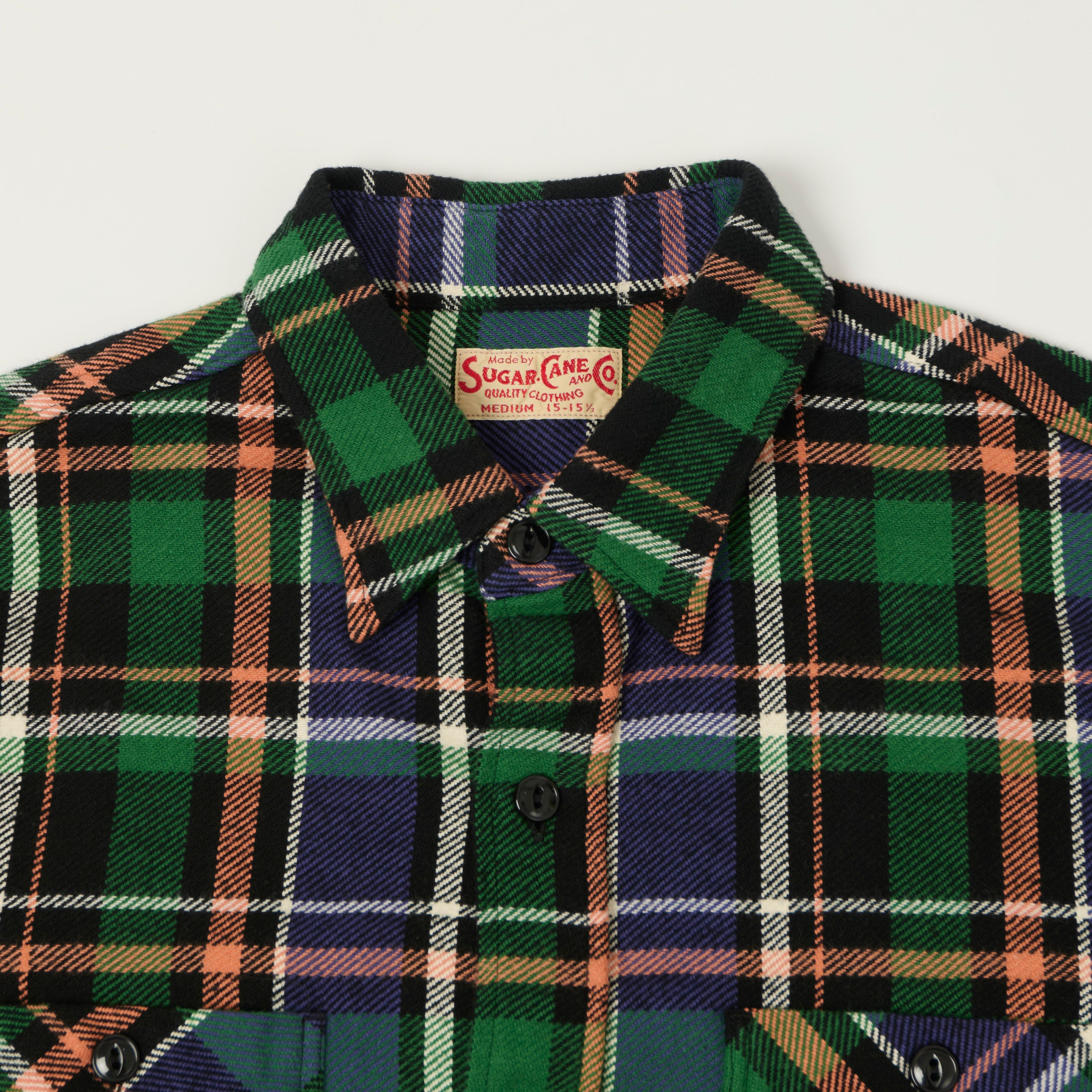 Sugar Cane 1980s Twill Check Work Shirt - Green
