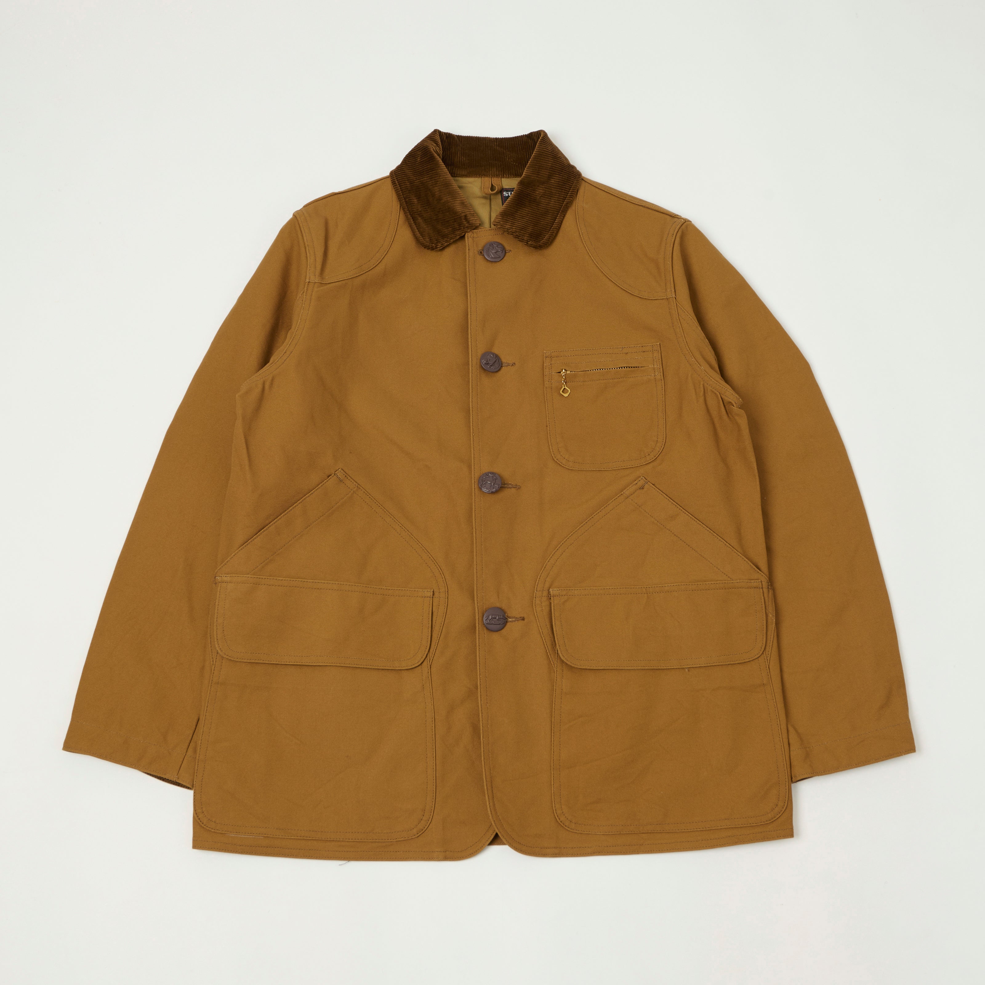 Sugar Cane Corduroy Collar Canvas Hunting Jacket - Brown