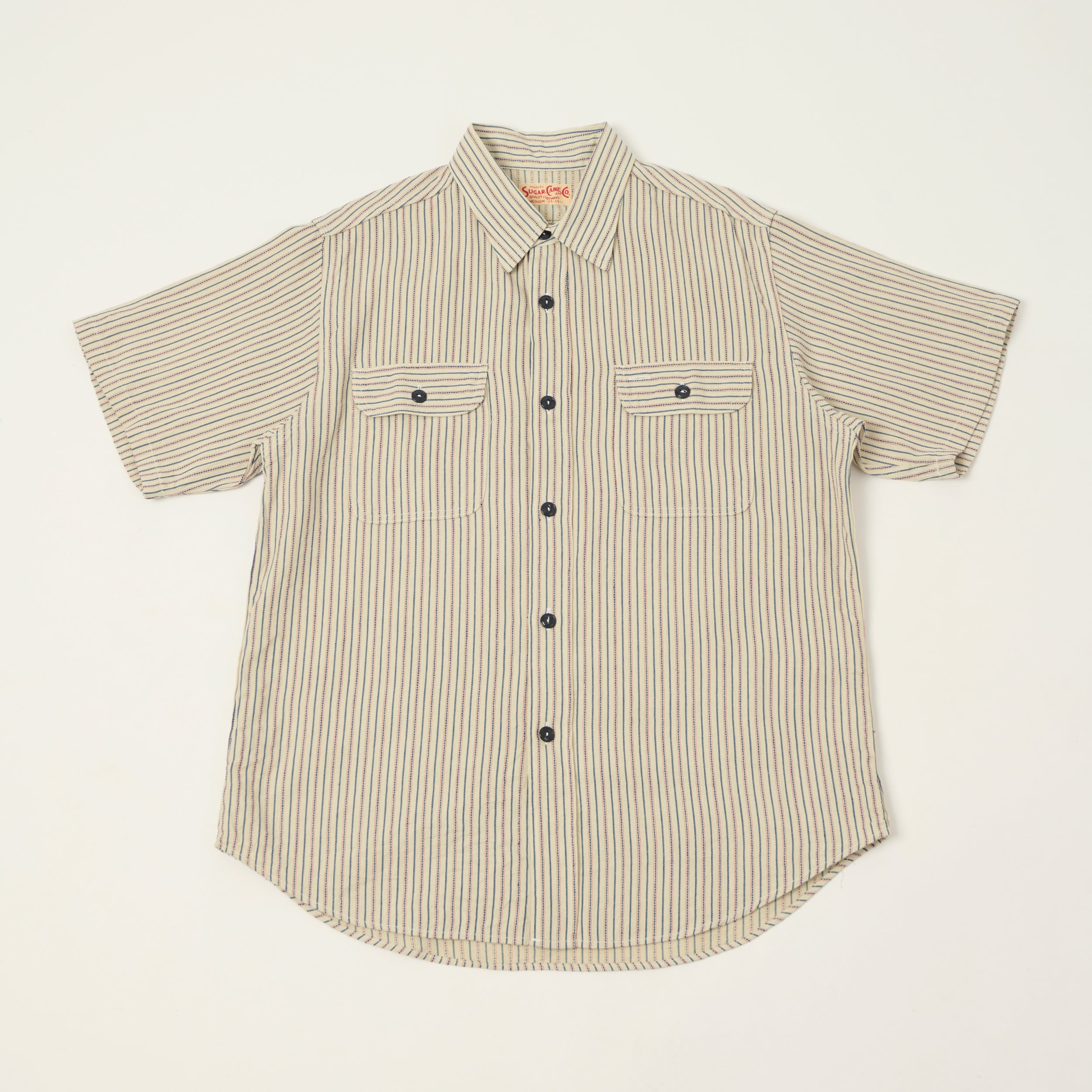 Sugar Cane Dobby Stripe Short Sleeve Work Shirt - Off White