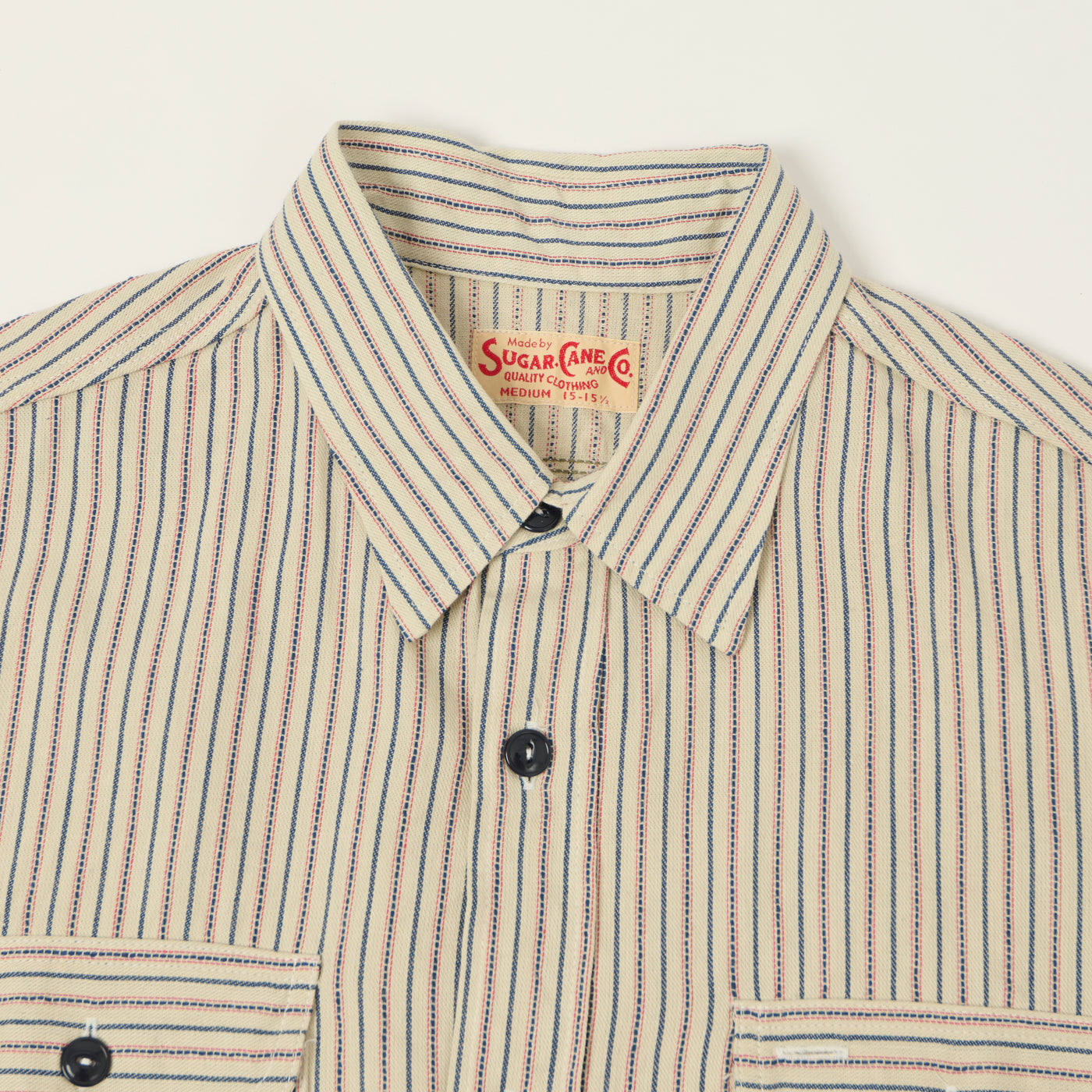 Sugar Cane Dobby Stripe Short Sleeve Work Shirt - Off White