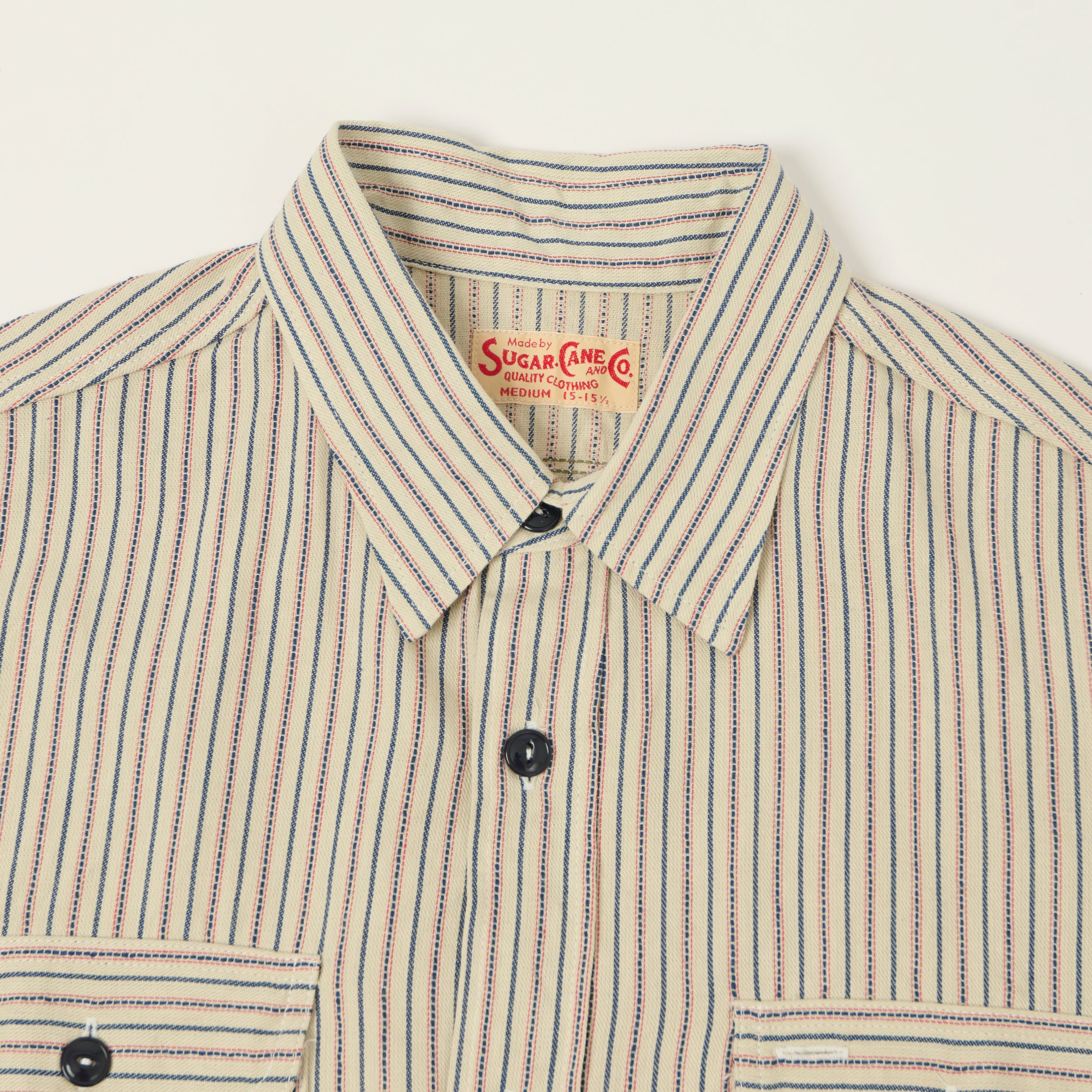 Sugar Cane Dobby Stripe Short Sleeve Work Shirt - Off White