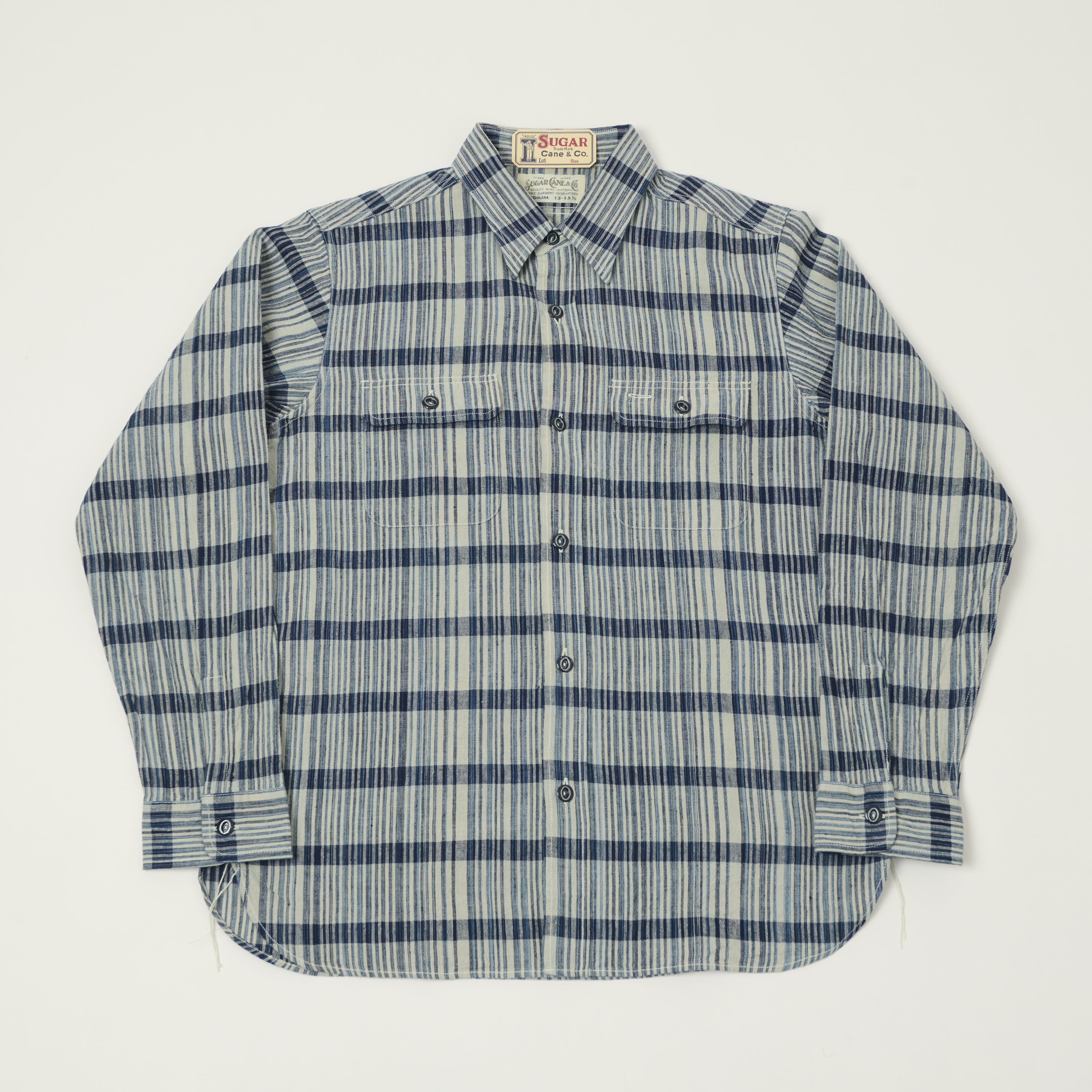 Sugar Cane Indigo Check Work Shirt - White