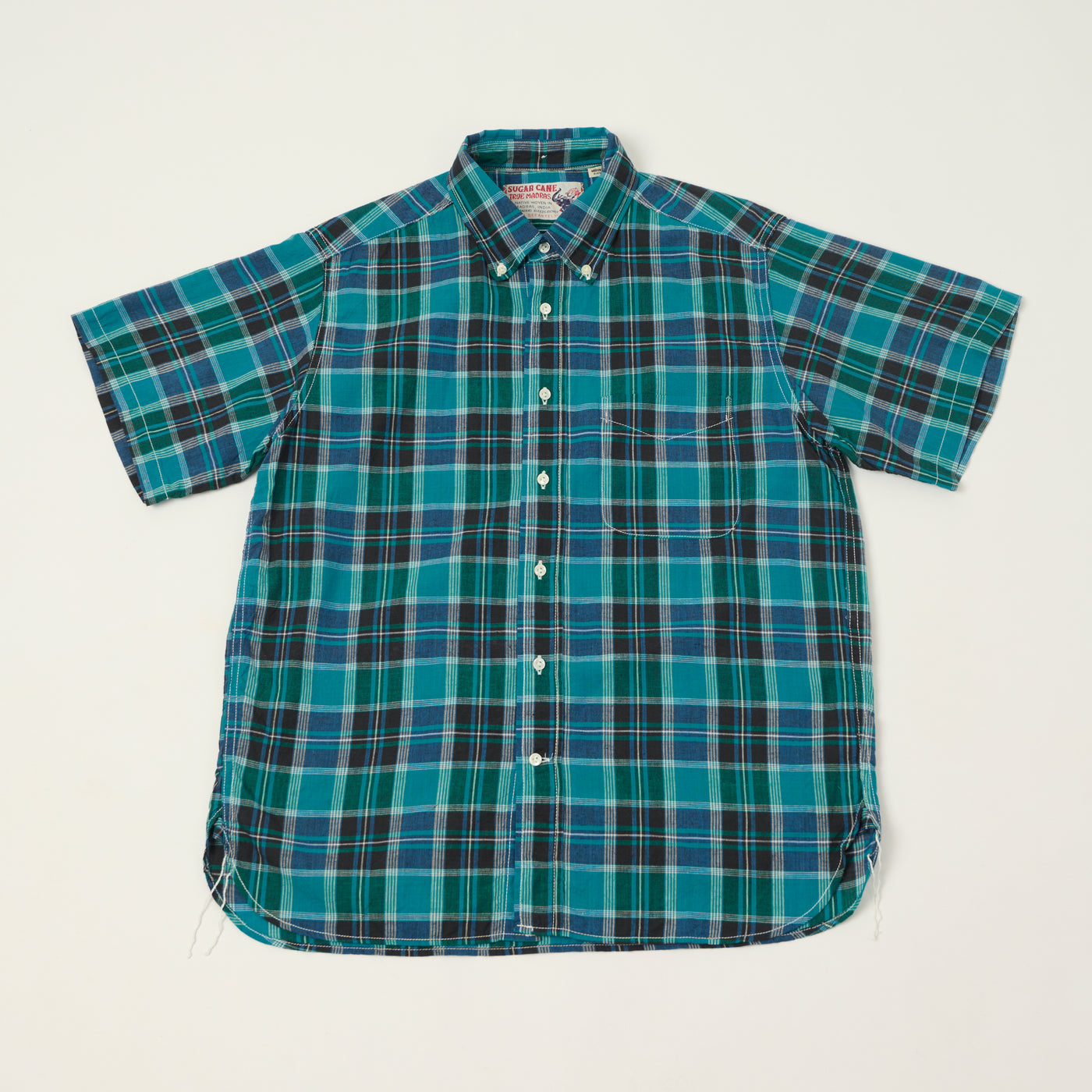 Sugar Cane Madras Button Down Short Sleeve Shirt - Blue