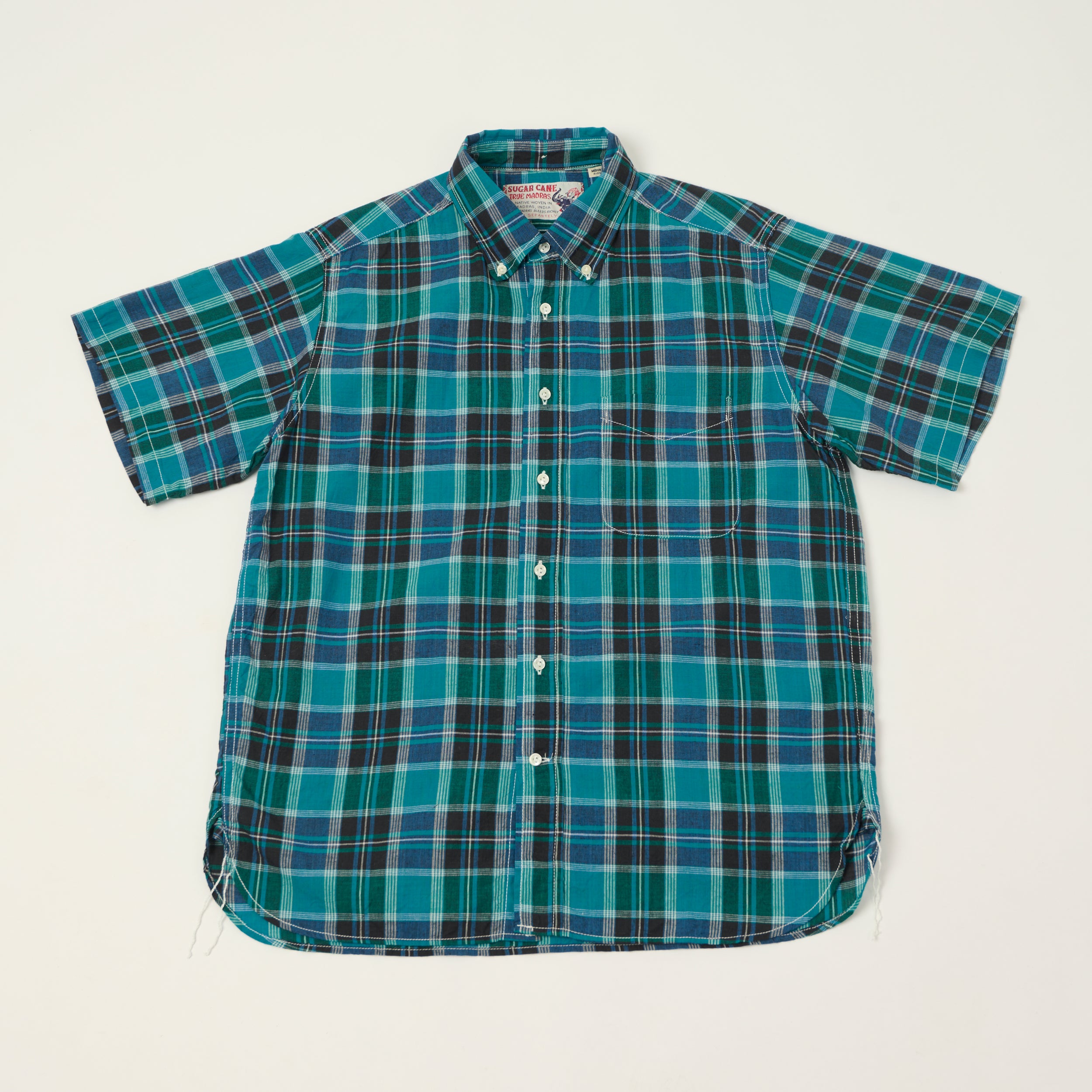 Sugar Cane Madras Button Down Short Sleeve Shirt - Blue