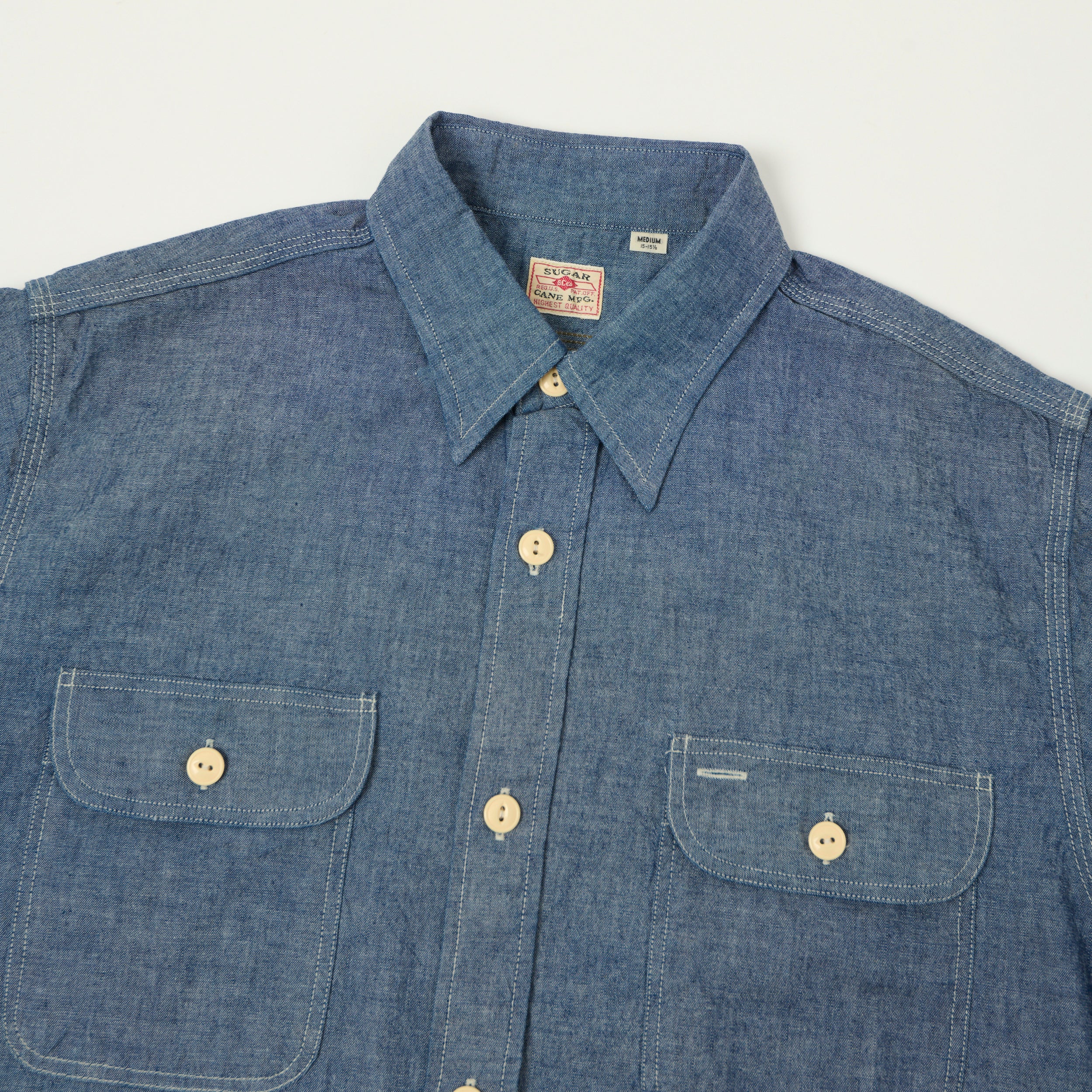 Sugar Cane Short Sleeve Chambray Work Shirt - Navy