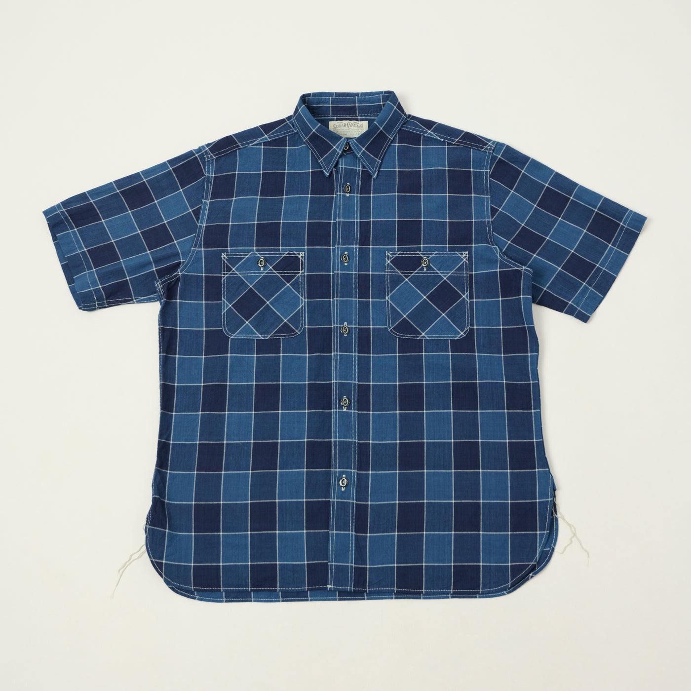 Sugar Cane Short Sleeve Plaid Work Shirt - Indigo