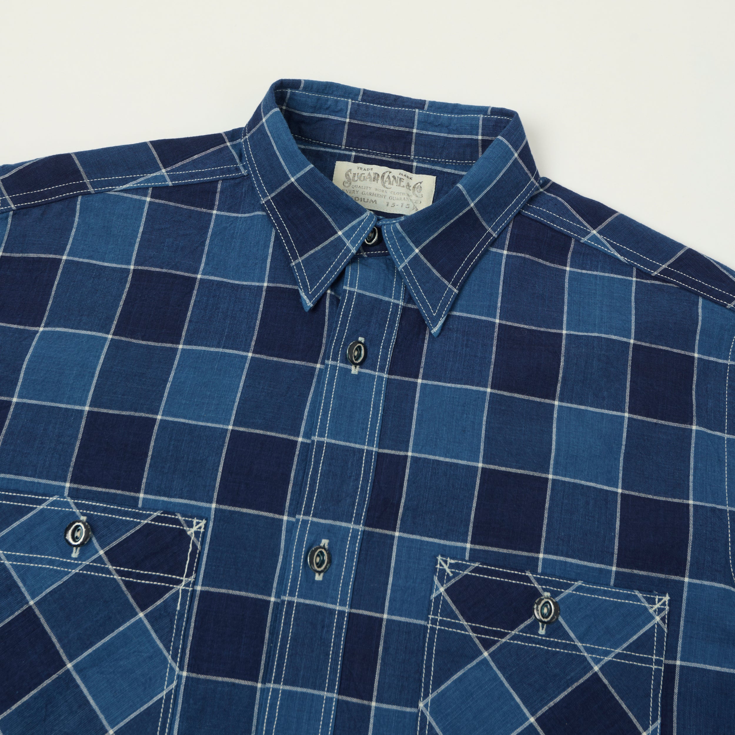 Sugar Cane Short Sleeve Plaid Work Shirt - Indigo