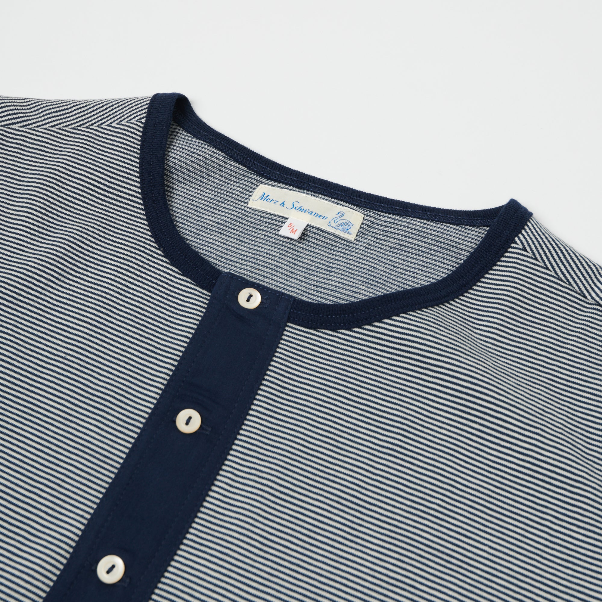 Merz b. Schwanen 227 Short Sleeve Striped Henley - Ink Blue/Nature