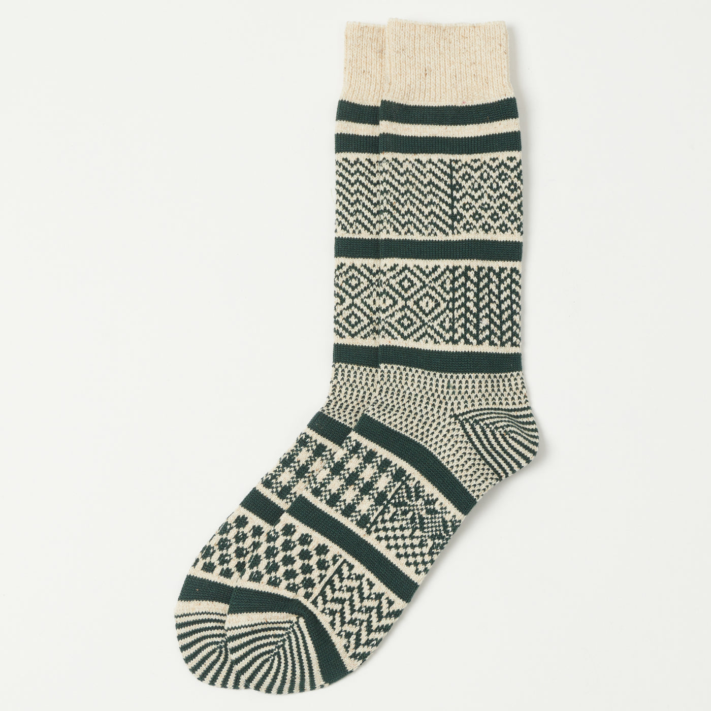 RoToTo Multi Jacquard Sock - Ivory/Dark Green